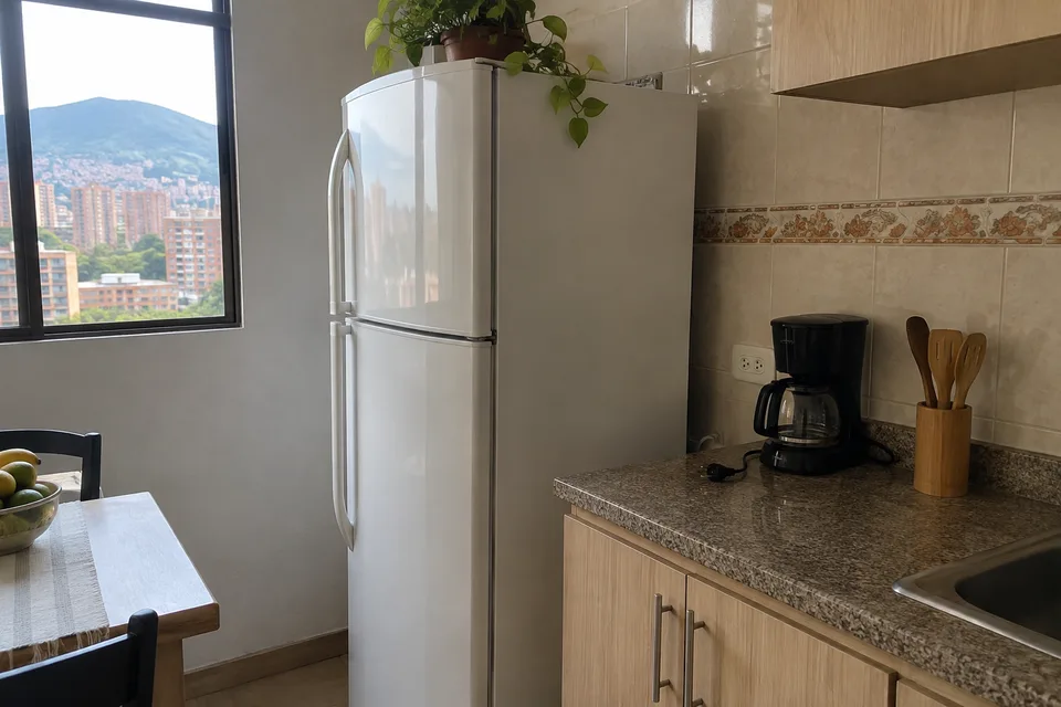 Nevera y cafetera desconectada en una cocina de Medellín, escena ilustrativa del consumo eléctrico doméstico