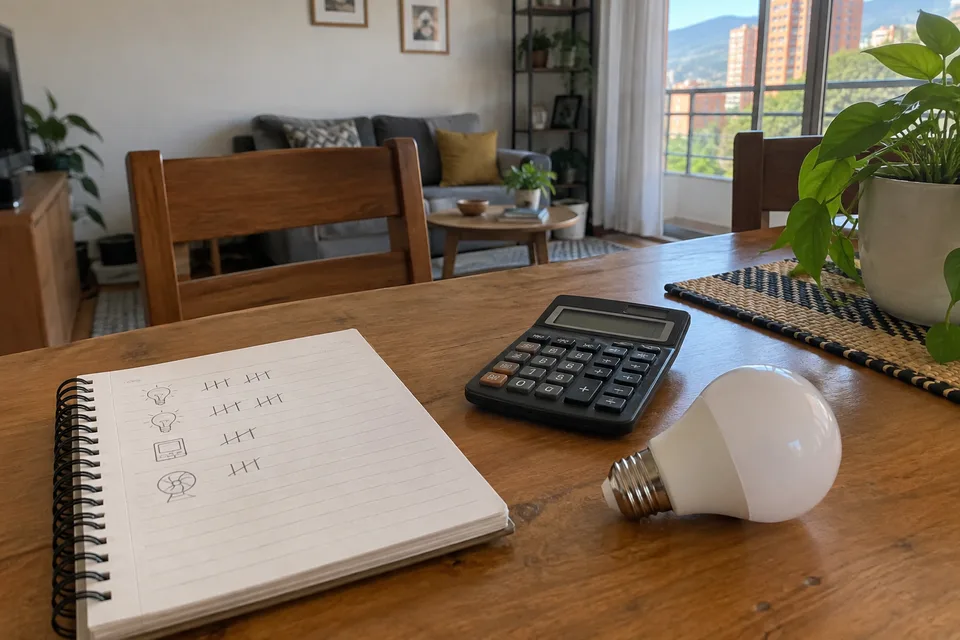 Calculadora, libreta y bombillo LED para planificar el ahorro de energía en casa, escena ilustrativa