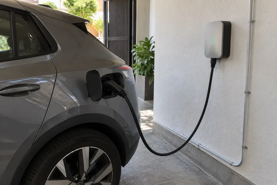 Vehículo eléctrico conectado a un punto de carga residencial, escena ilustrativa