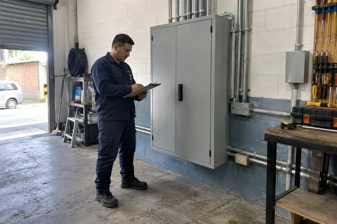 Escena ilustrativa de la revisión exterior de un tablero eléctrico en un taller