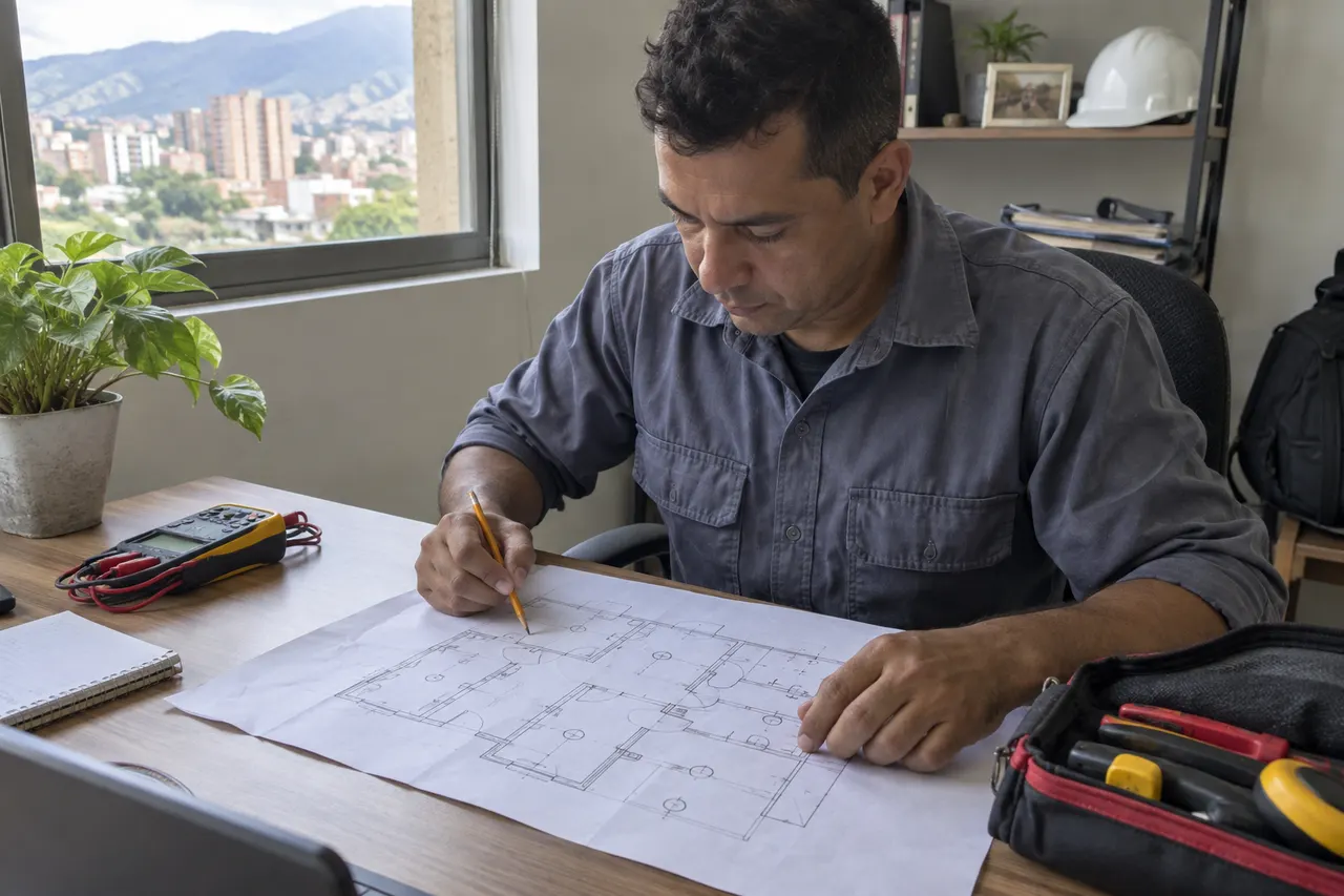 Certificados Eléctricos en Medellín Escena ilustrativa de un técnico revisando un plano eléctrico y la documentación de una instalación