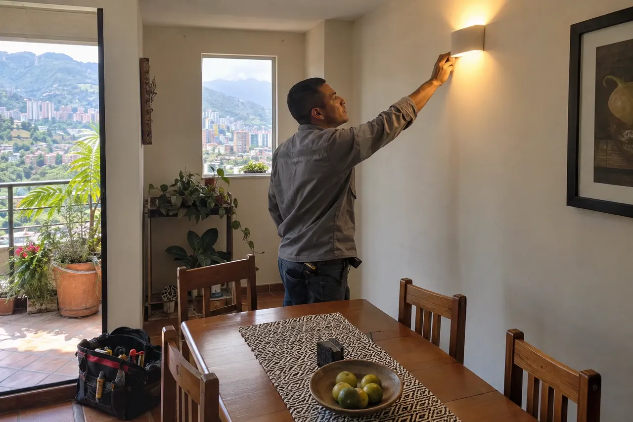 Escena ilustrativa de un electricista revisando una luminaria de pared en un comedor
