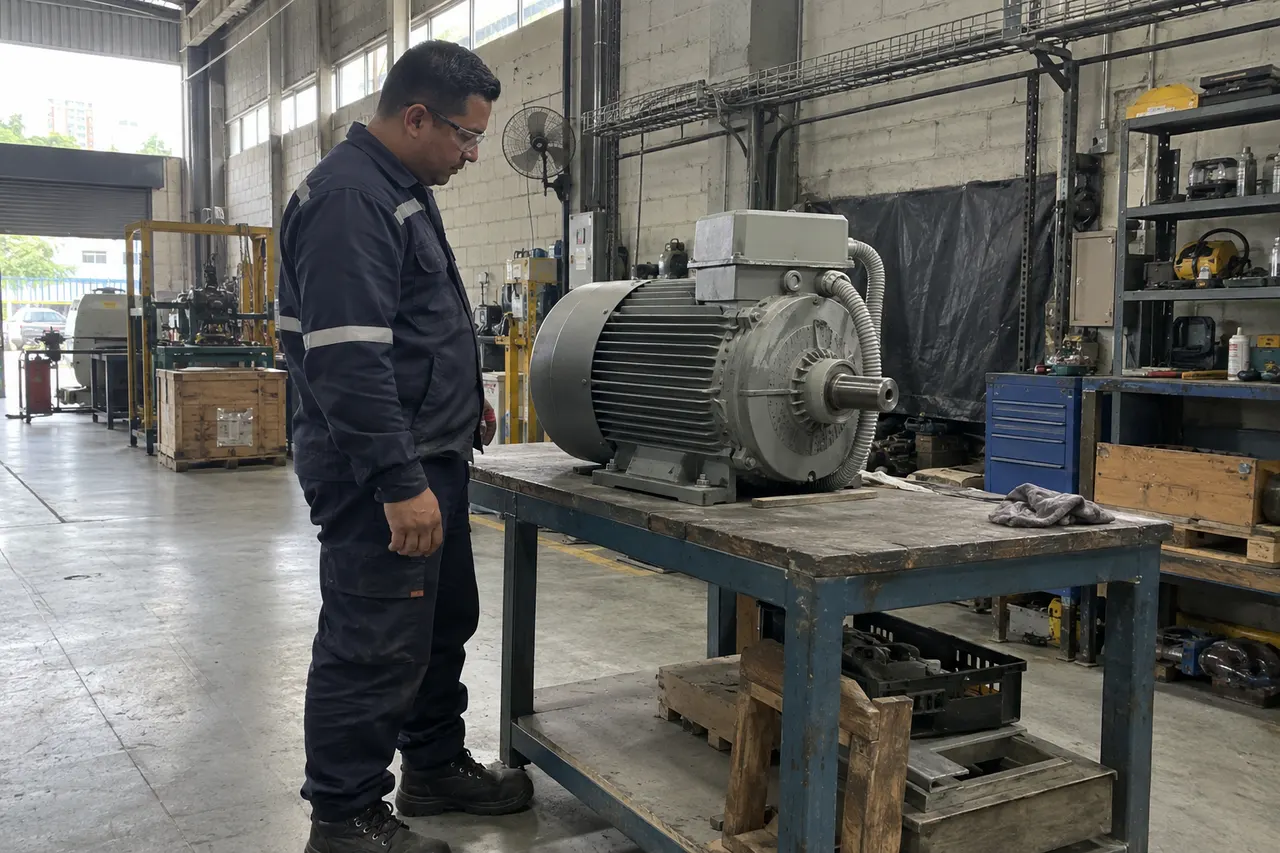 Escena ilustrativa de una revisión de equipos y canalizaciones eléctricas en una nave industrial