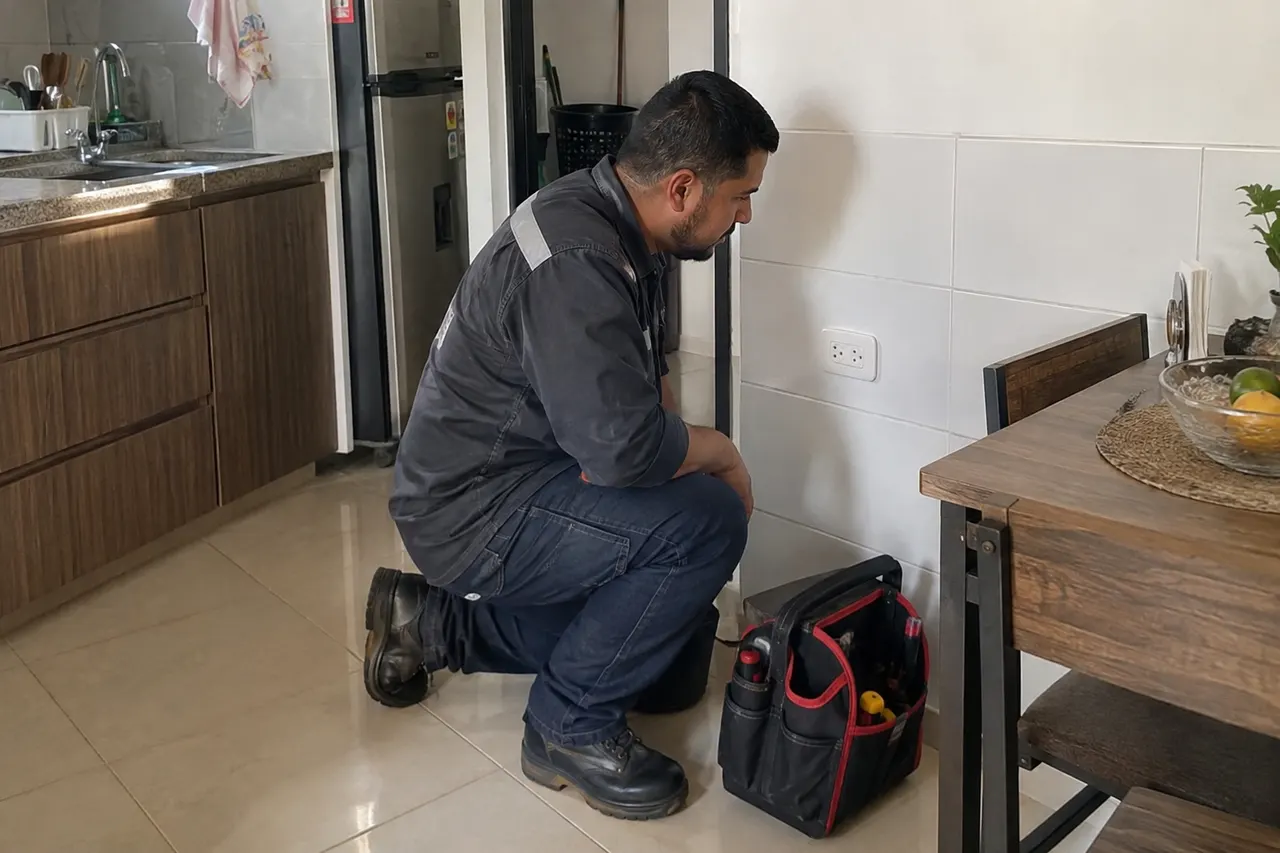 Escena ilustrativa de un electricista revisando un tomacorriente en una cocina