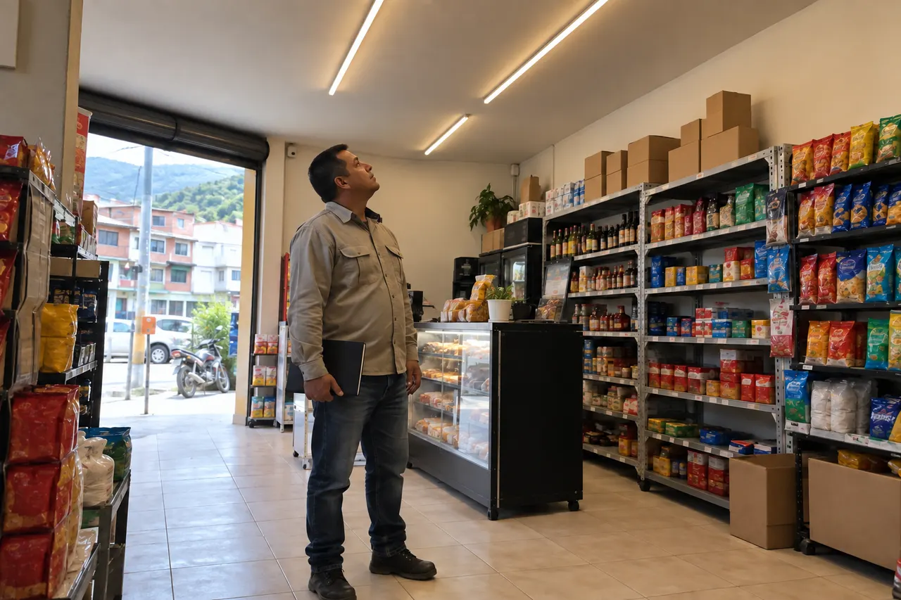 Escena ilustrativa de un electricista comprobando la iluminación LED de un pequeño comercio