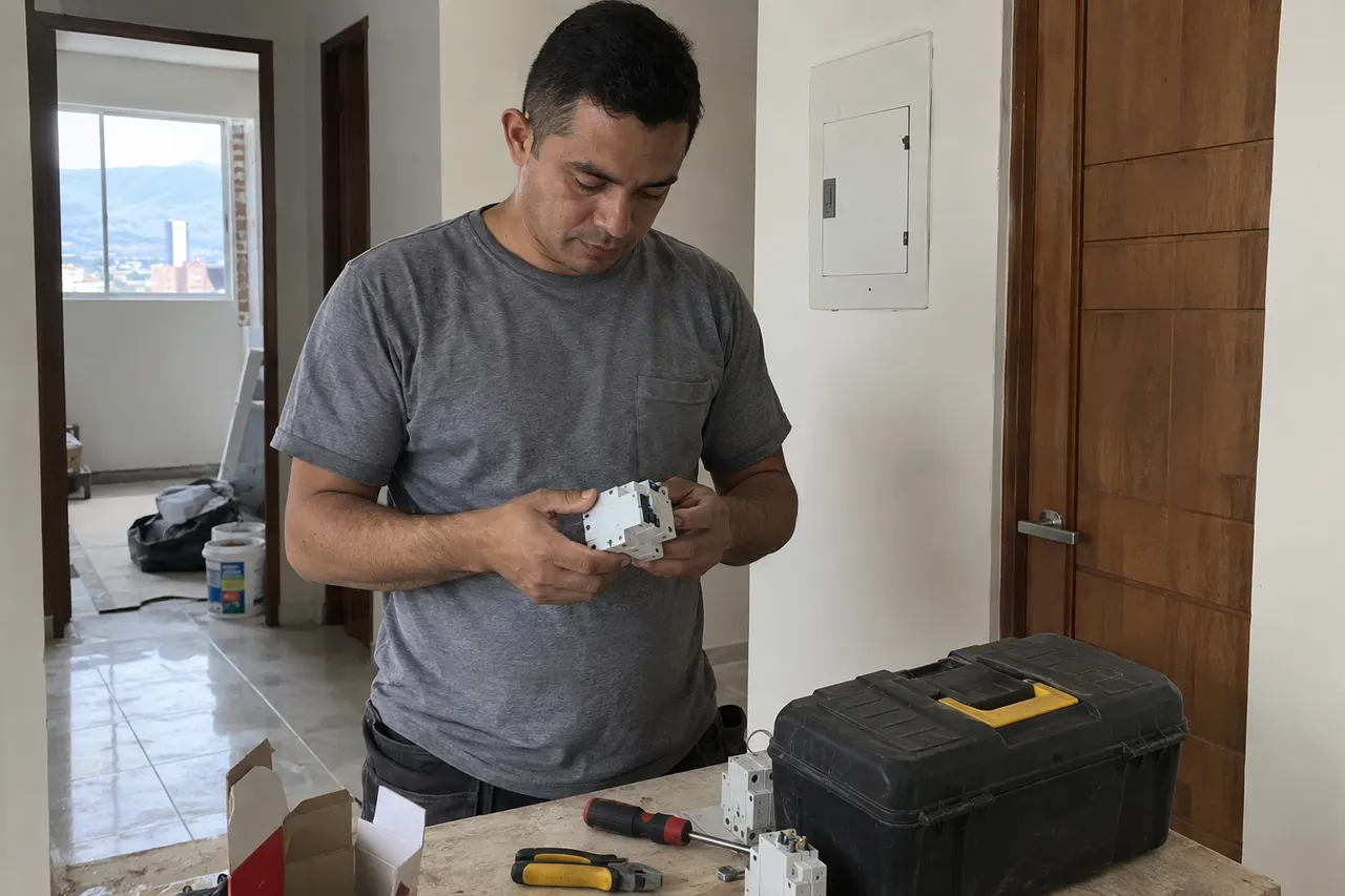 Escena ilustrativa de un electricista examinando un componente eléctrico desconectado durante una reforma residencial