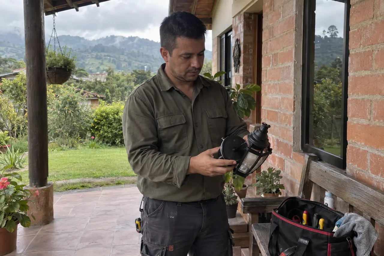 Escena ilustrativa de un electricista examinando una lámpara exterior en el patio de una vivienda