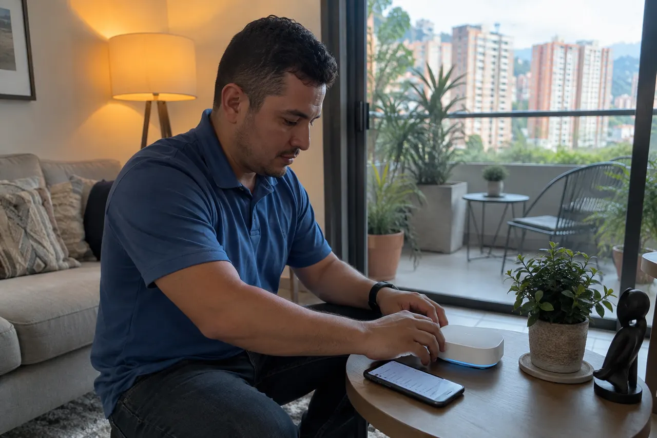 Escena ilustrativa de un técnico configurando dispositivos de domótica en una sala