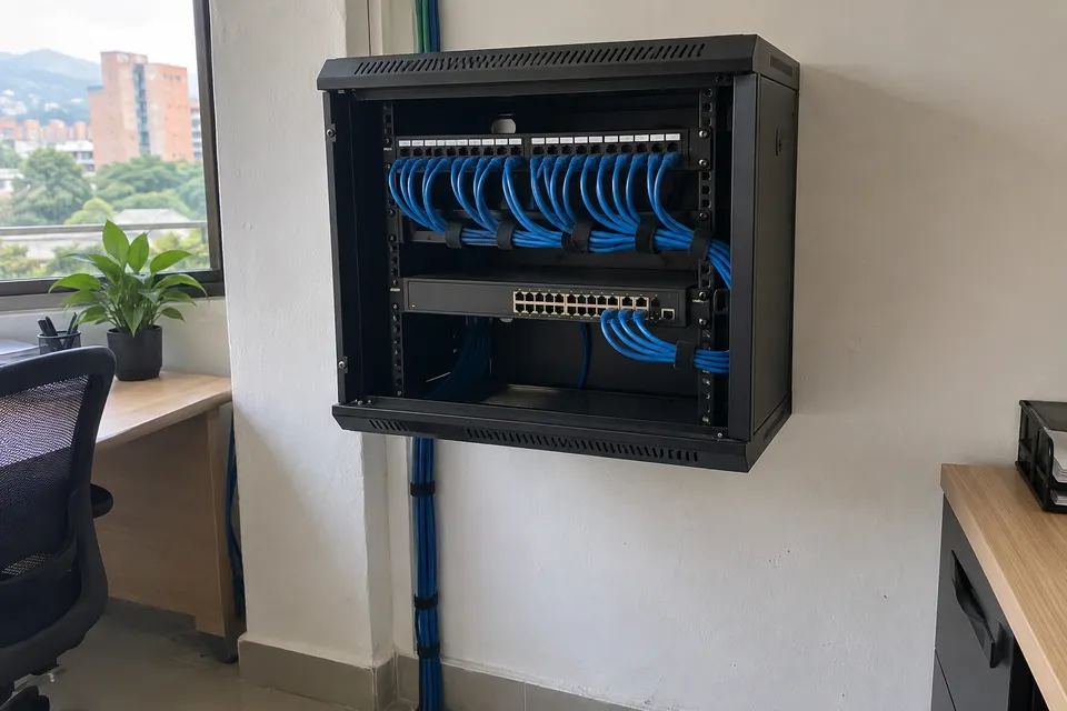 Escena ilustrativa de un gabinete de red con cableado de datos en una oficina