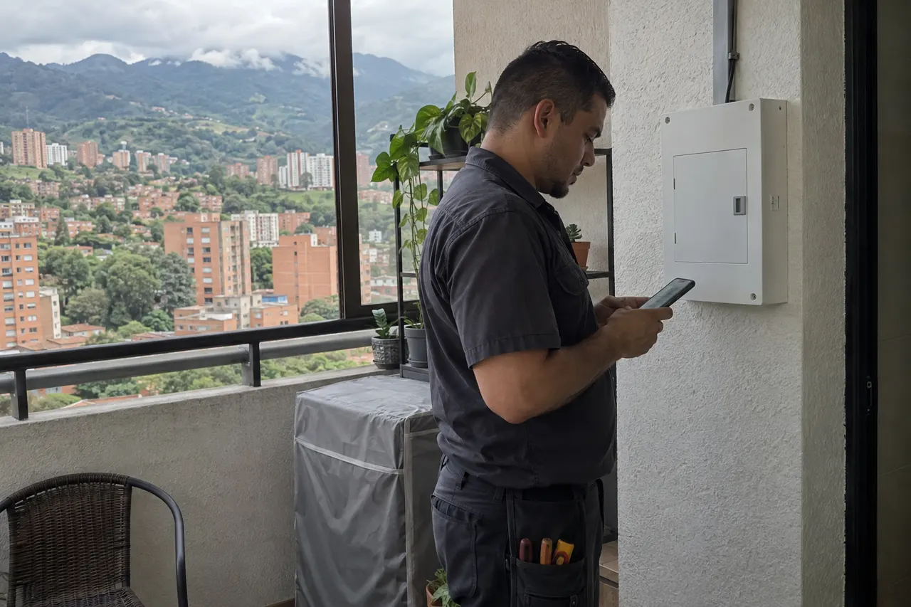 Escena ilustrativa de un electricista junto a un tablero en una vivienda del Valle de Aburrá